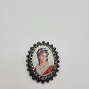 Vintage Limoges Hand Painted Porcelain Miniature Portrait Of A Lady Brooch, Pin